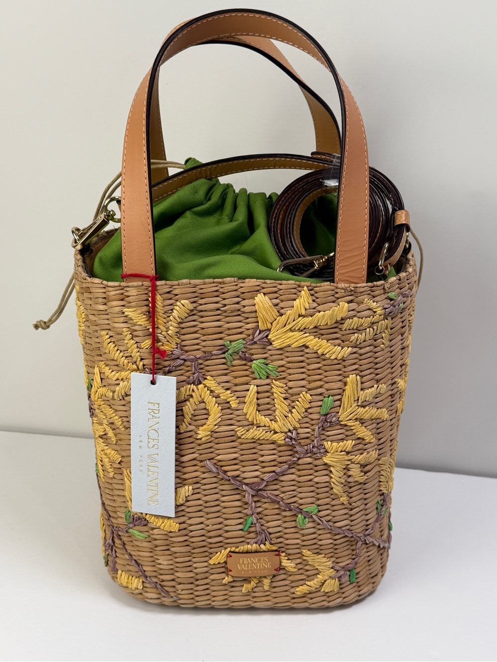 Frances Valentine Tall Woven Bucket Bag Forsythia Spring Flowers Kate♠️NWT